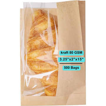 3.25X2X15 inches Paper Sandwich Bags 80 GSM Kraft w/OPP